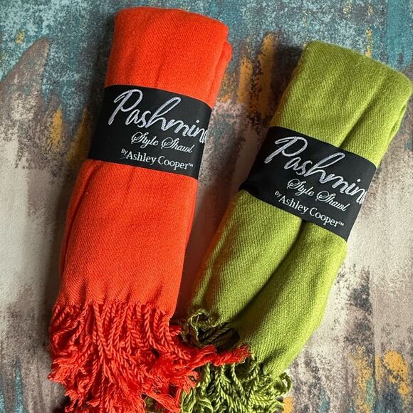 Ashley Cooper Accessories - Ashley Cooper Pashmina Style Shawl/Scarf Vibrant Orange & Olive Green (Set of 2)